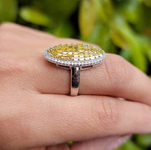 Yellow Baguette Diamond Cocktail Ring 925 - Picture 4 of 6